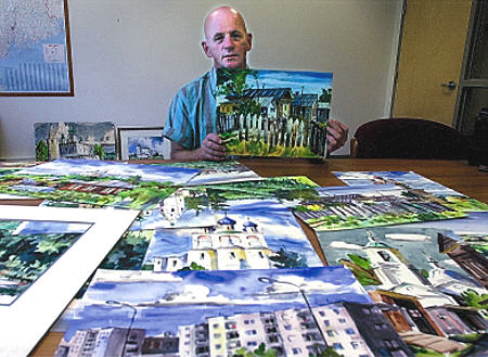 Milton Christianson with his Russian paintings